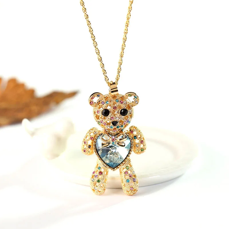 Lovers Jewelry Plated Dainty Long Sweater Chain Necklace Women Crystal Love Heart Teddy Bear Pendant Necklace for Her Gold Pearl