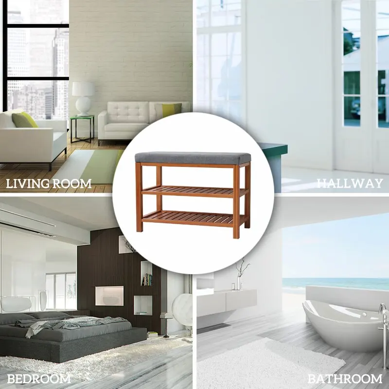 Extra Large Size Bamboo Entryway Shoe Storage Bench With Soft Cushion Multifunctional bamboo shoe rack bench bamboo