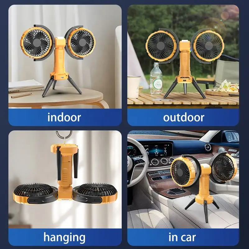 New Product Portable Oscillating Dual Heads 8000Mah Rechargeable Outdoor Tripod Camping Fan With Battery And Led Light