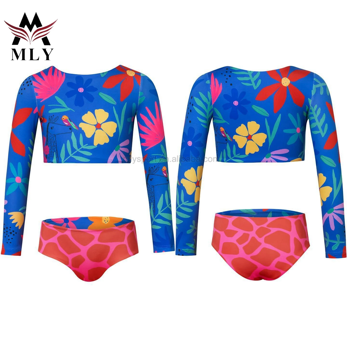 Long sleeve two piece girls swimwear children kids swimwear floral girls swimwear kids bikini