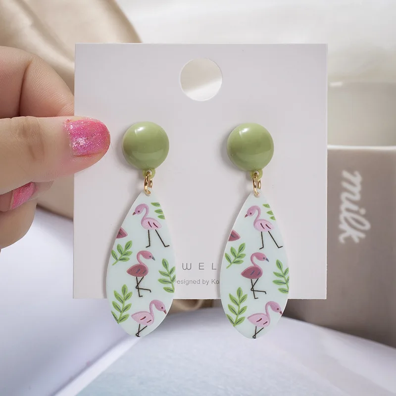 Acrylic Embossed Three-dimensional Printing Pop Element Pattern Flamingo Giraffe Green Leaf Pattern Earrings Women