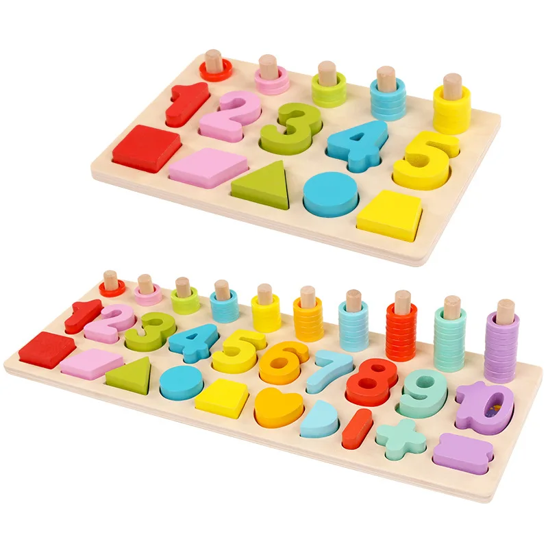 Early childhood education abacus digital shape matching board wooden jigsaw puzzle building block toy
