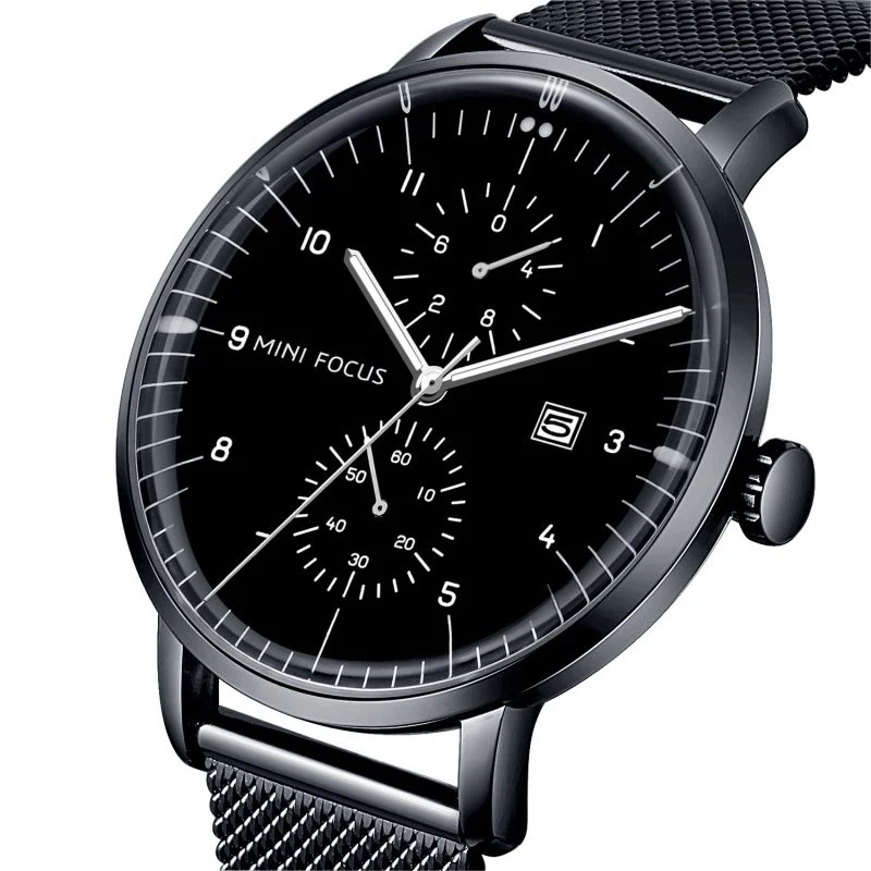 Mini focus curved glass  3ATM waterproof fashion gents quartz watches jam tangan all black mesh band mens wristwatch