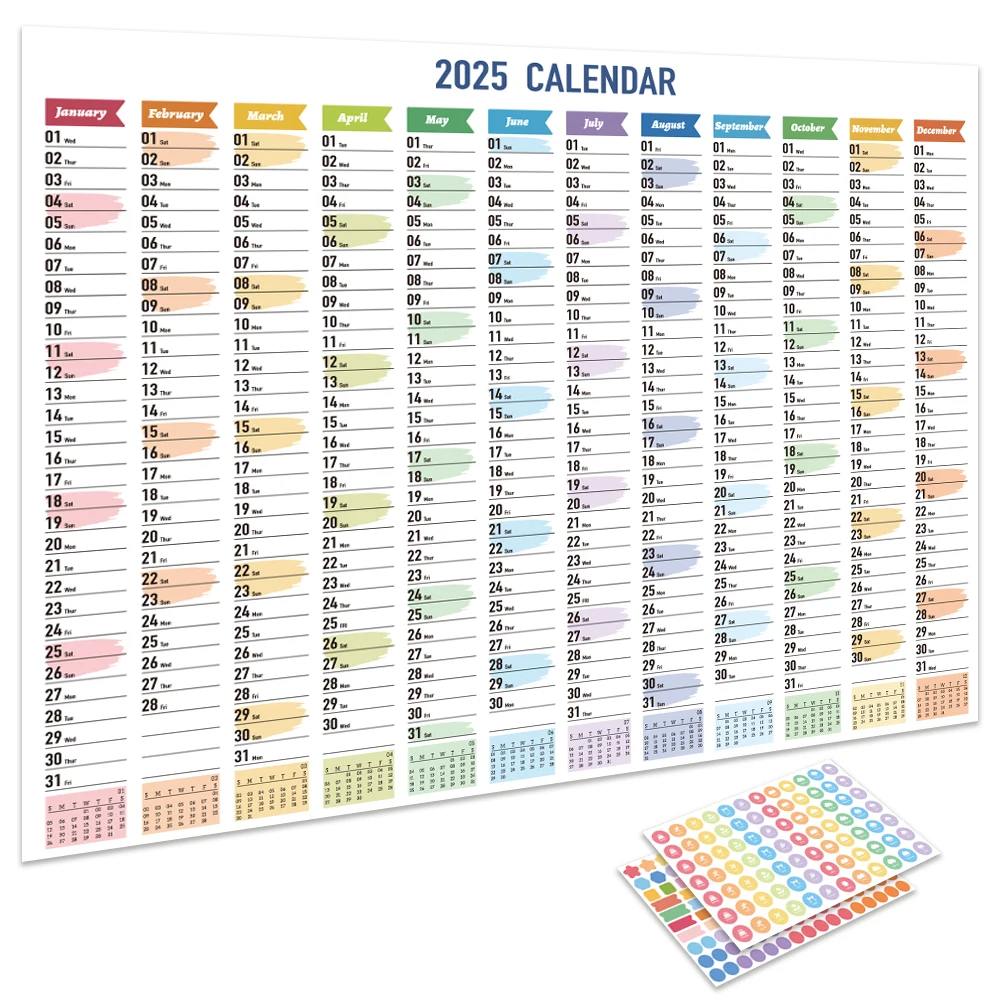 imoda 1pc 2025 Colorful Large Wall Calendar  With Stickers 365 Days Calendar The Year Planner Memo Schedules Calendar