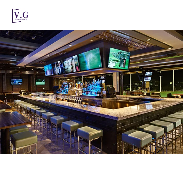 Custom Square Shape Solid Surface Stone Golf Club Restaurant Bar Stainless Steel Brick Bar Counter