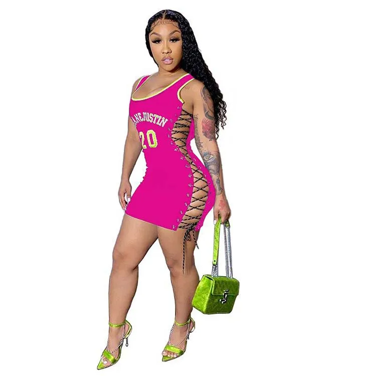 YS521235 New Arrival 2021 Sexy Club Dresses with Sleeveless O Neck Print Bandage Hollow Out Character Patchwork for Adult Woman