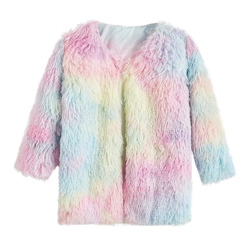 Fashion Toddler Baby Rainbow Fur Plush Coat Long Sleeve Winter Warm Children Girl Jackets