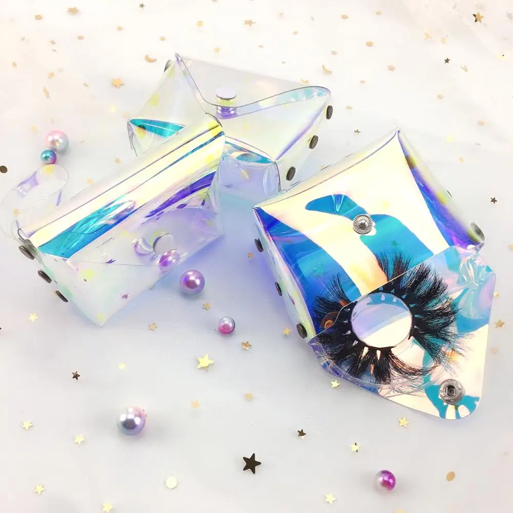 high quality luxury custom logo lash box holographic transparent jelly bag laser eyelash bag eyelash package box for makeup tool
