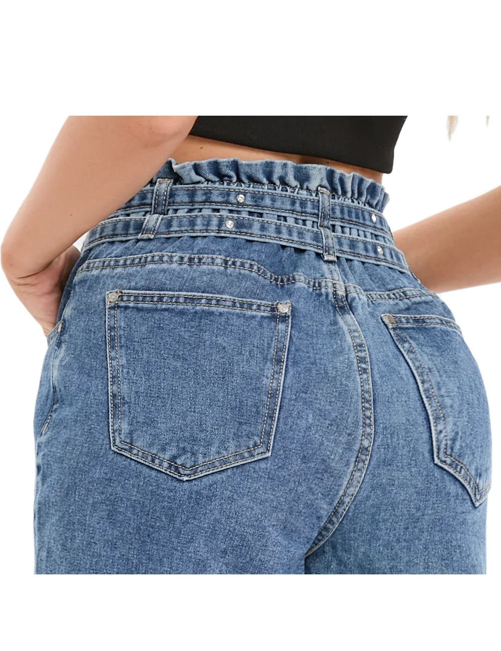 2022 fashion casual trend ruffled elastic band trousers loose cropped harem jeans for women