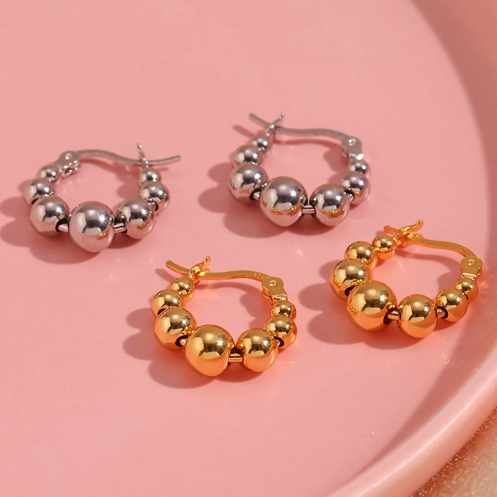 Women Small huggie hoops 18k gold plated earring golden beads hoop earring stainless steel jewelry beaded earrings