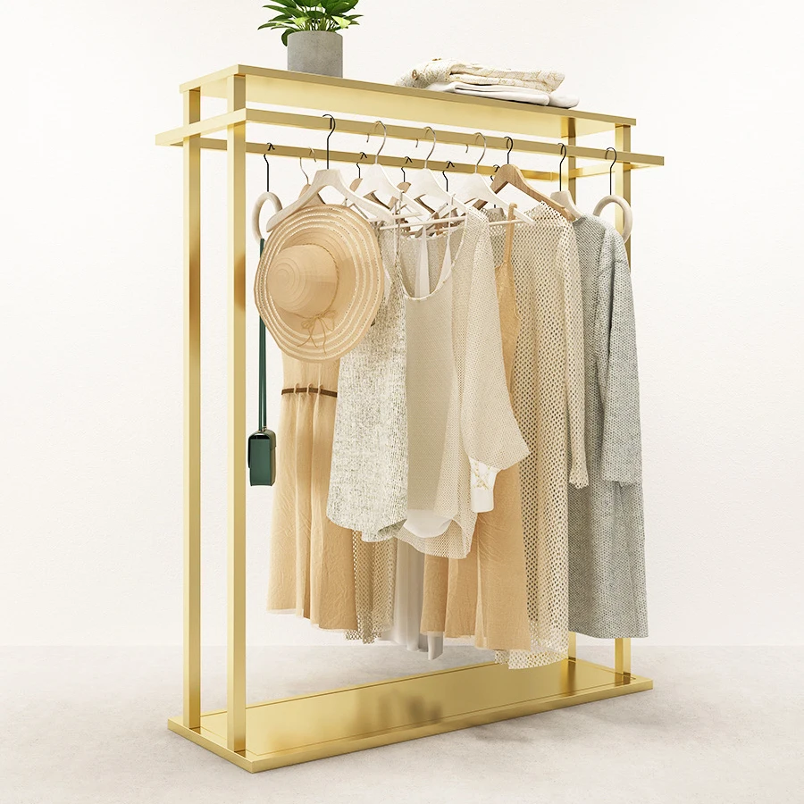 heavy duty Iron Clothing Store Display Stand Floor Double Row Side Hanging Shelf Golden Clothes Shelf Garment Racks Factory