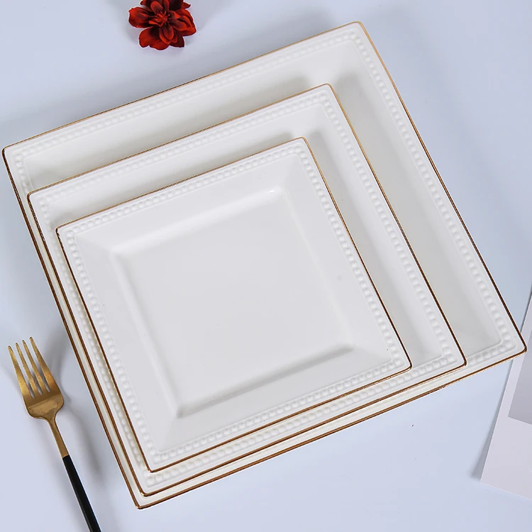 CANHUI White Rustic Gold rimmed Ceramic Plate Hotel Square Porcelain Dinnerware Ceramic Square Plate With Gold rim