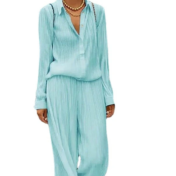 Fall Sets Loose Solid Color Wide Leg Women Sets Two Piece Long Sleeve Shirt Casual Two Piece Pants Set