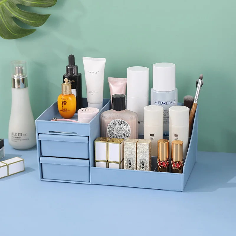 Desk Top Organizer Multipurpose Plastic Storage Box with 2 Drawes for Makeup Cosmetics Sundries Stationeries Office Supplies
