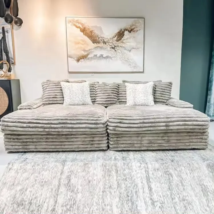 Modular wide seated deep velvet fabric combination bed sofa line shaped Large villa plush soft cinema cloud sectional sofa