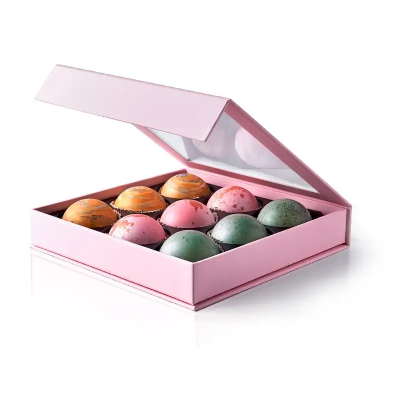 Custom Design PET Tray Rigid Gift Paper Chocolate Boxes Pink Transparent Window Truffle Candy Box