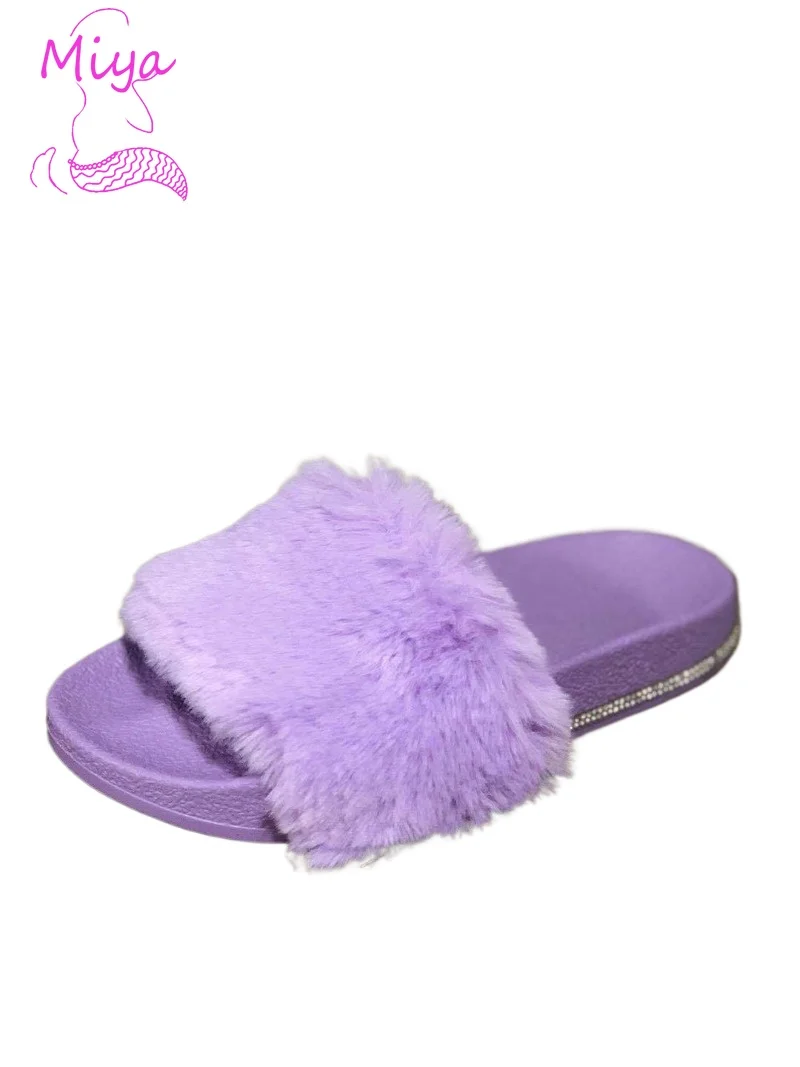 Wholesale Fall Winter Indoor Slippers Shoes Beautiful Furry Slippers for Women Sequined EVA Sole Open Toe Flat Fur Slipper