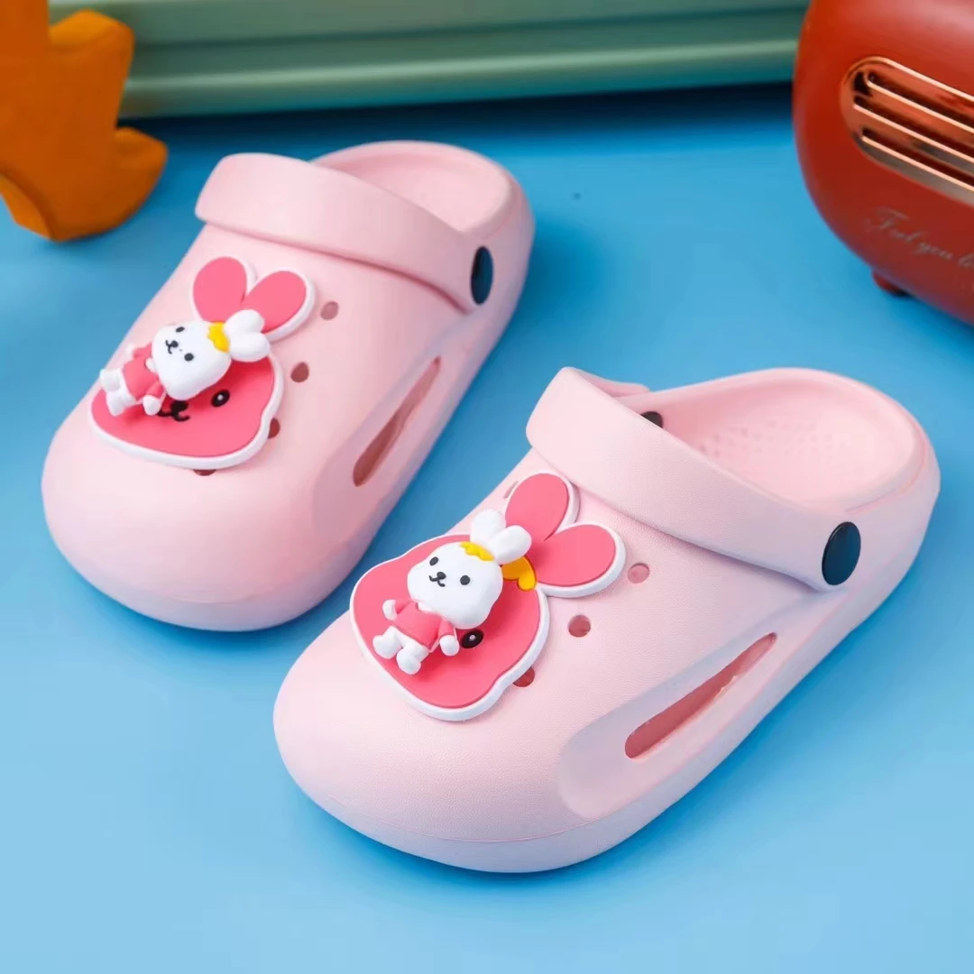 New Summer Beach Sandals Slides EVA Foam Shoes for Kids with Bear and Rabbit Removable Soft Rubber Decorations