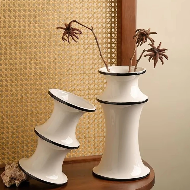 Modern Minimalist Bamboo Geometric Ceramic Vase Vintage White Black Color Block Design Hotel Home Office Decor Wedding Pot