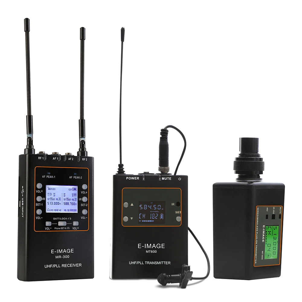 E-IMAGE MTR-S2 camera wireless microphone with dual channel receiver plug-on transmitter and bady-pack transmitter