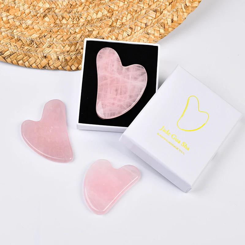 100% Natural Rose Quartz Heart Shape Facial Mini Guasha Board Custom Logo Pink Crystal Jade Stone Face Massage Gua Sha Tool