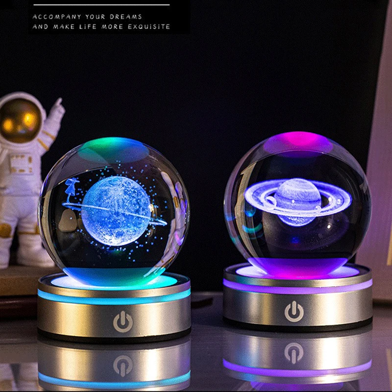 Birthday Gift Laser Engraved Moon Plant Heart Crystal Glass LED 3D Ball Night Lamp Custom
