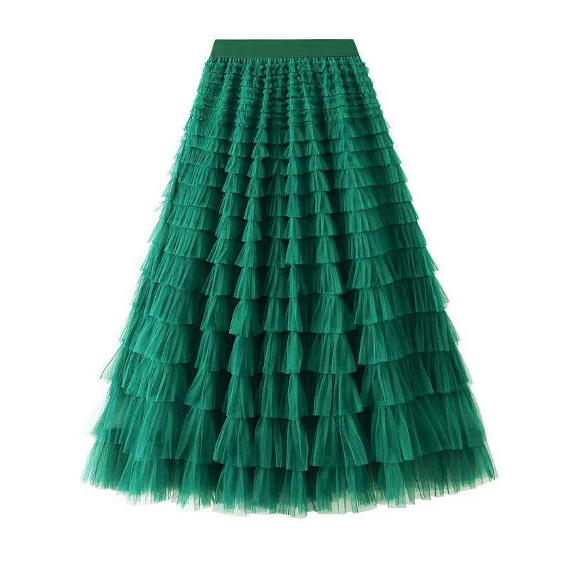 Women Pleated Skirt Multi color Solid Yarn Mesh Tiered Midi Skirt