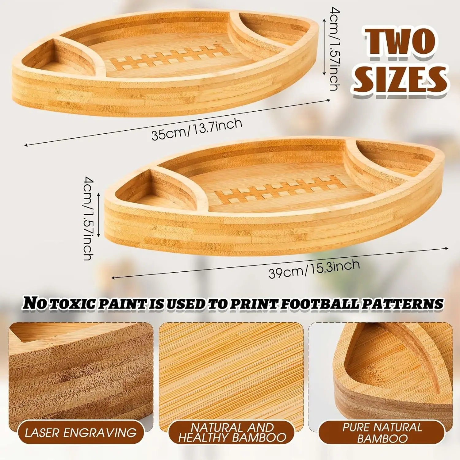 Large Football Serving Trays Bamboo Football Platters Shaped Football Plates Chip Dip Serving Dish Reusable Party Serving Plate