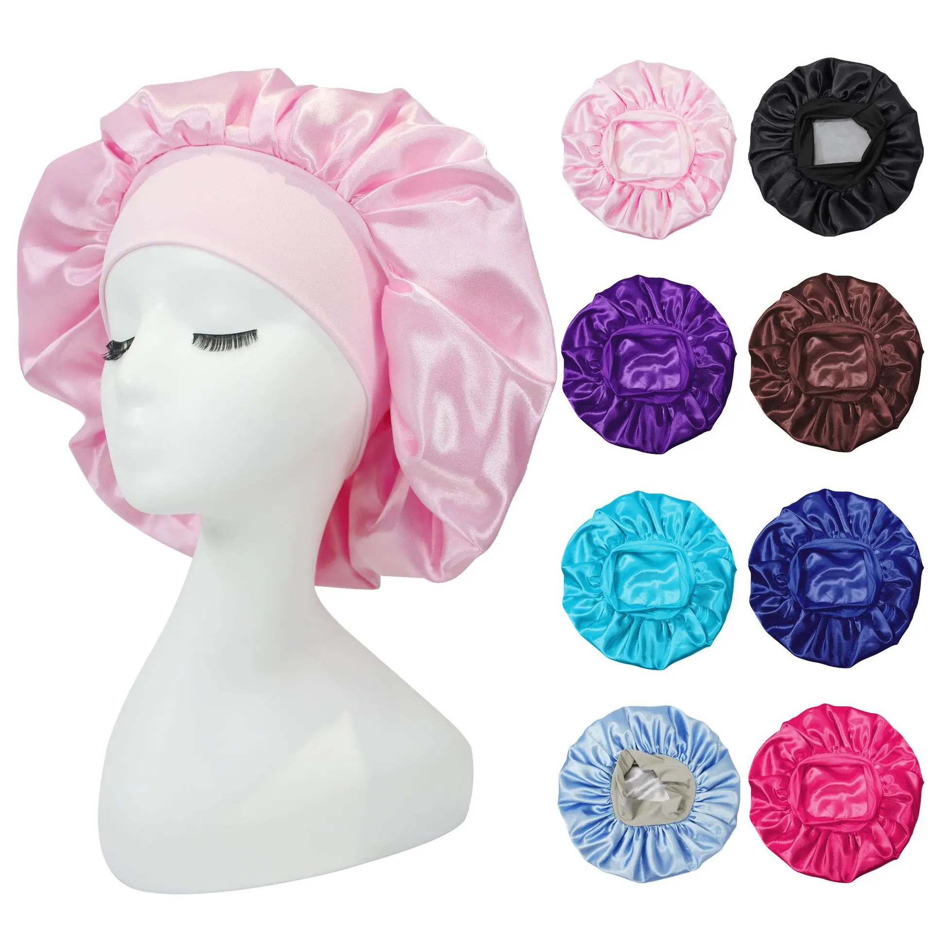 low Moq Custom Adjustable Fashion Double Layer Satin Silk Large Women Sleeping Hair Cap Bonnets Hats with Logo