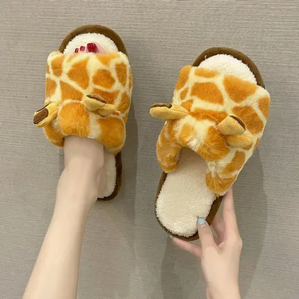 Female Winter New Indoor Warm Cotton Shoes Student Home Slippers Non-slip Shoes Cartoon Giraffe Furry Slippers