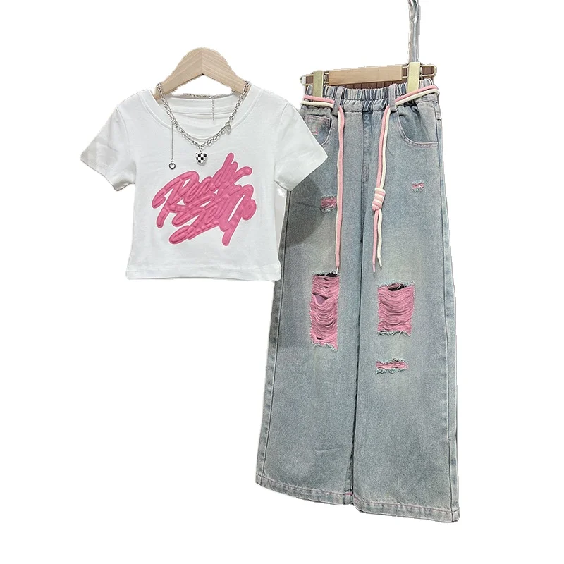 New fashion teen Girls Clothing set short sleeve printed T-shirt + ripped jeans pants clothing set for kids