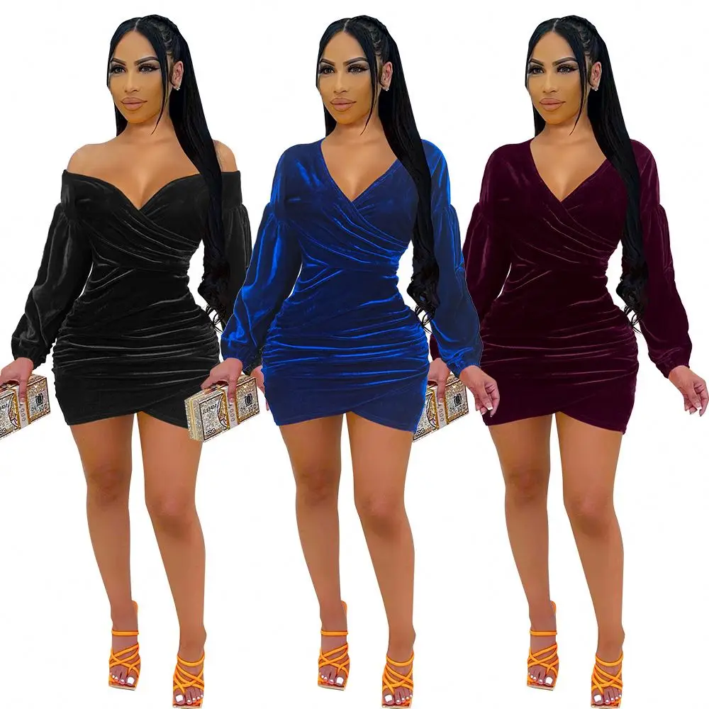 women mini bodycon plicated long-sleeve fall clothes 2022 velvet dress sexy women cocktail dresses
