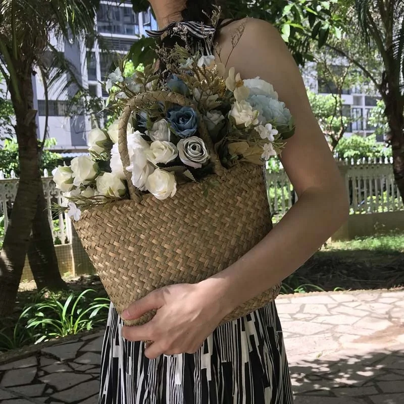 
Home Garden Seagrass Braided Flower Pot Woven Basket Rattan Basket Over Shoulder Straps Seagrass Flower Market Tote 