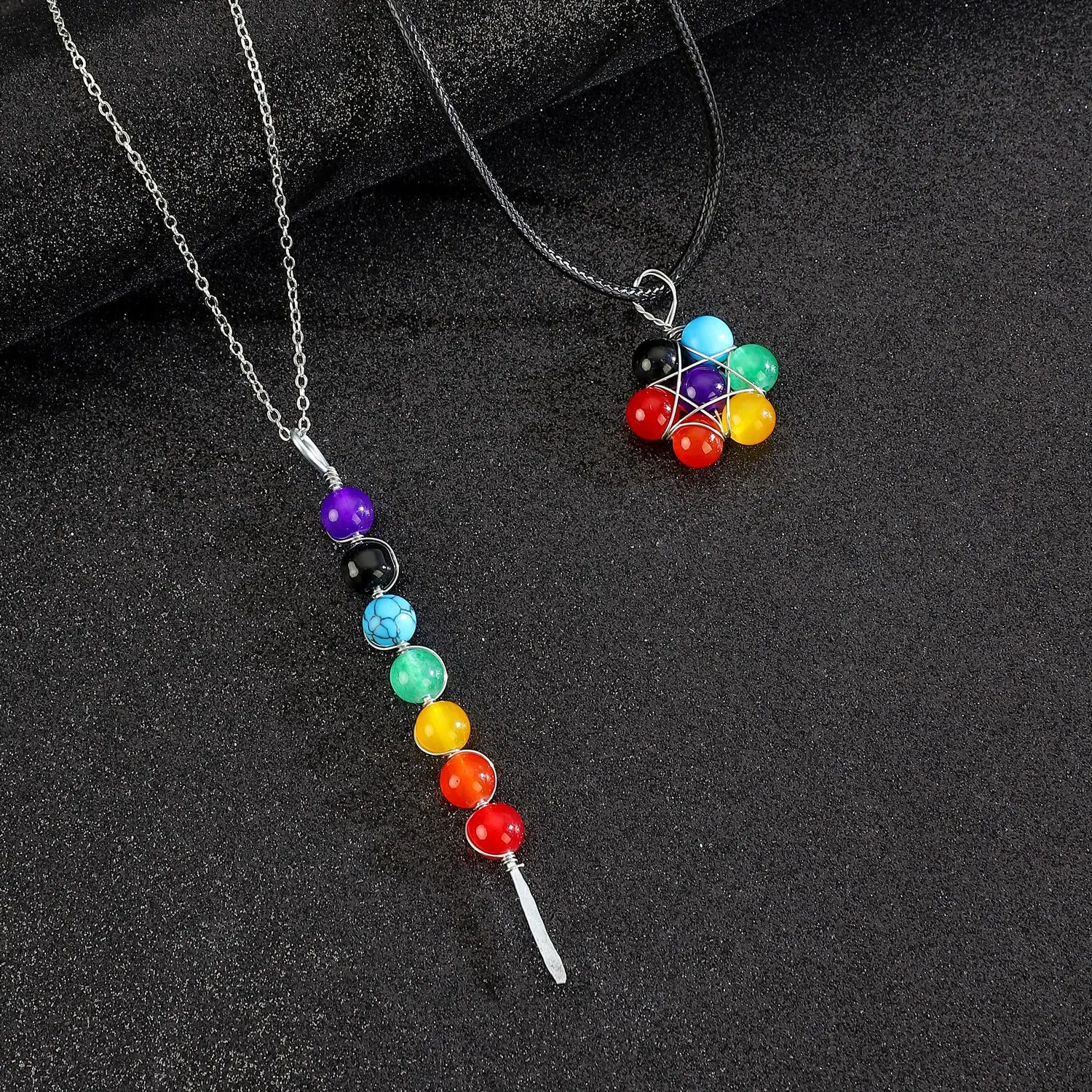 Vintage DIY Beaded Geometric Necklaces Black Rope Silver Stainless Steel Chain Rainbow Natural Stone Necklaces