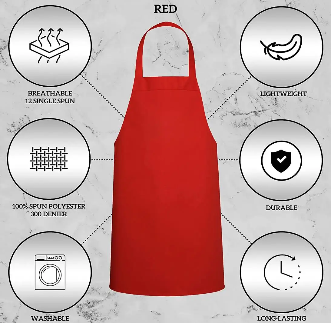 Custom Logo Red Reusable Unisex Protective Kitchen Cooking Chef Apron No Pocket Waterproof Polyester Apron