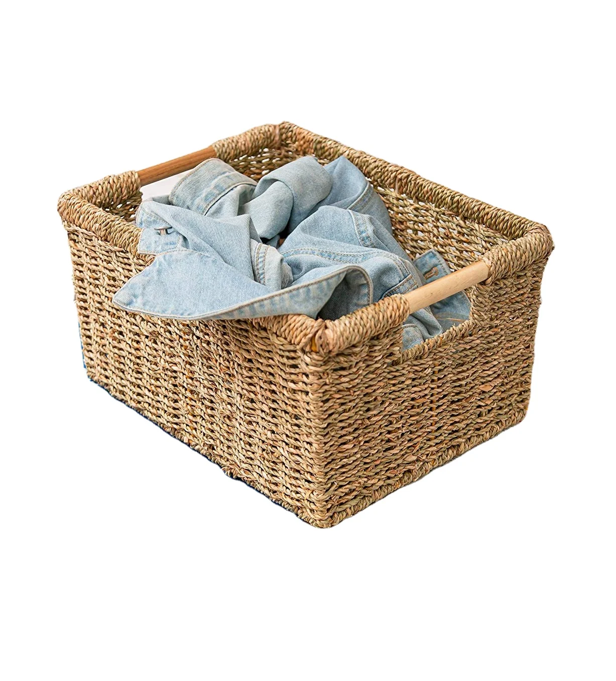 Sea grass storage baskets bin cube organizer foldable decorative woven basket with handles for clothes toy makeup books towels