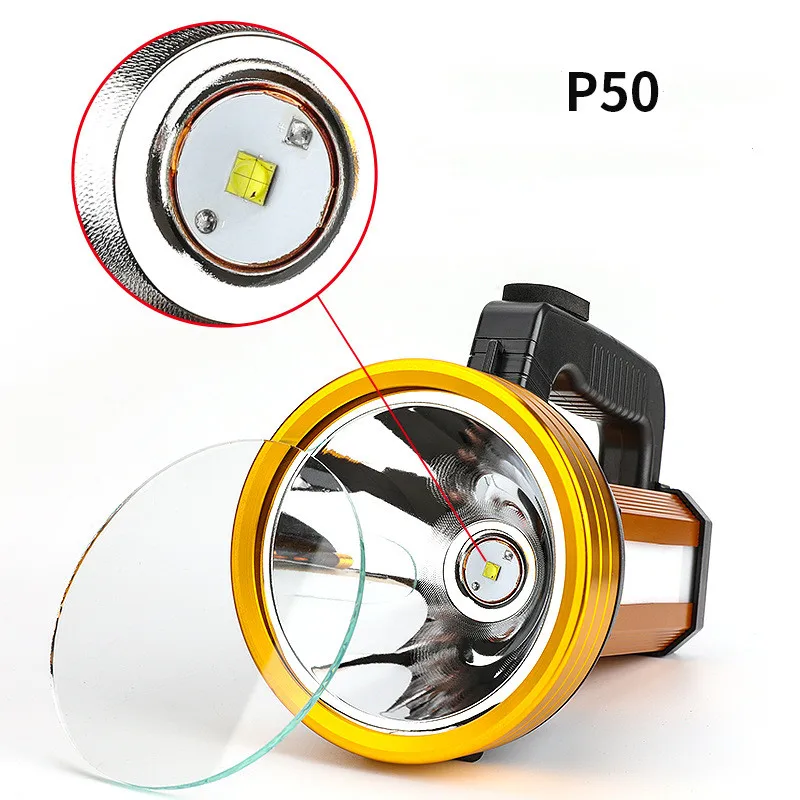 Перезаряжаемый портативный прожектор фонарь поисковой P50 для рыбалки кемпинга светодиодный фонарик аварийной зарядки