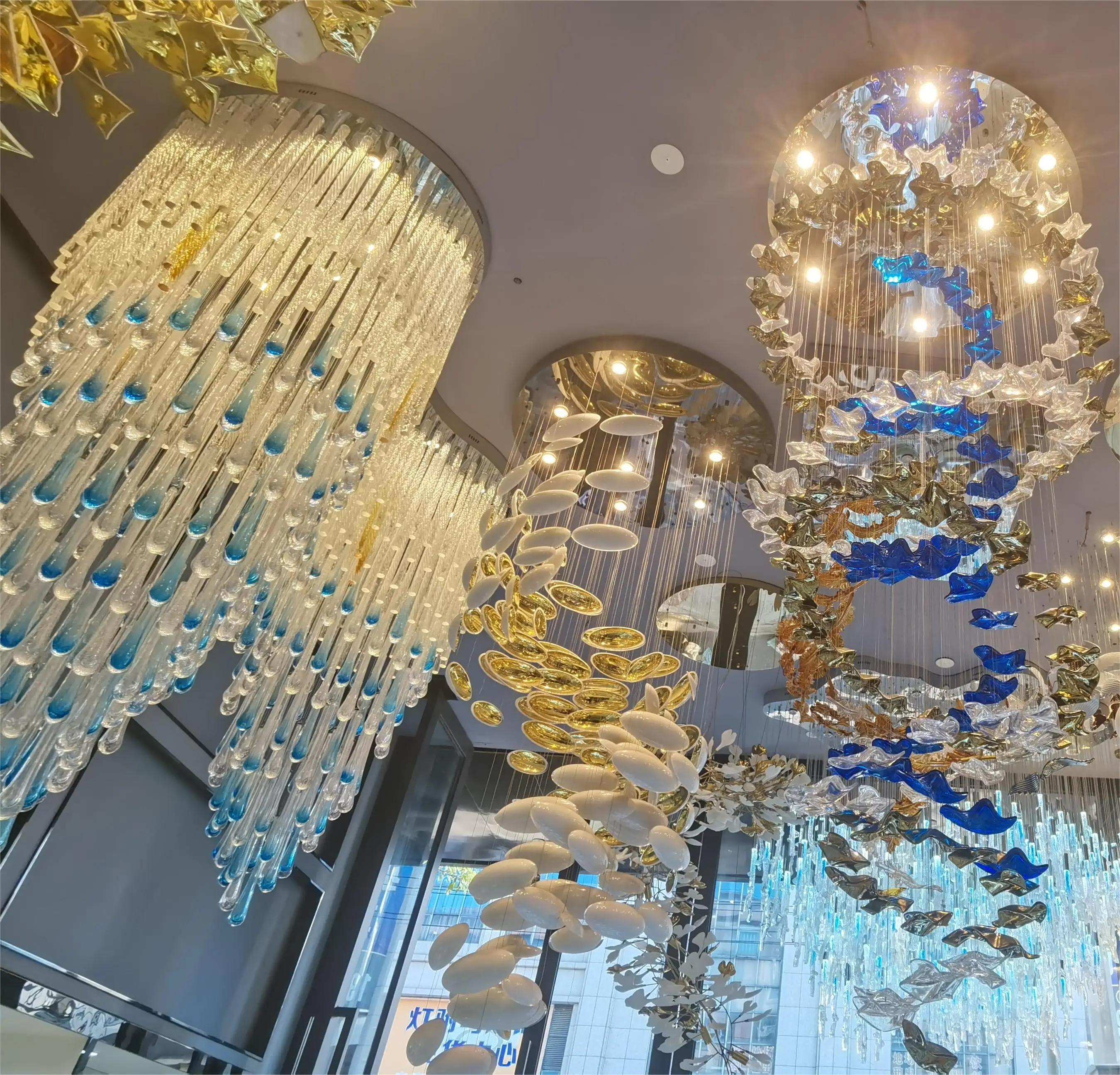 Hitecdad Hotel Lobby Engineering Project Contemporary Customized Fish Shape Big Glass Chandelier Hanging Lamp Pendant Lights