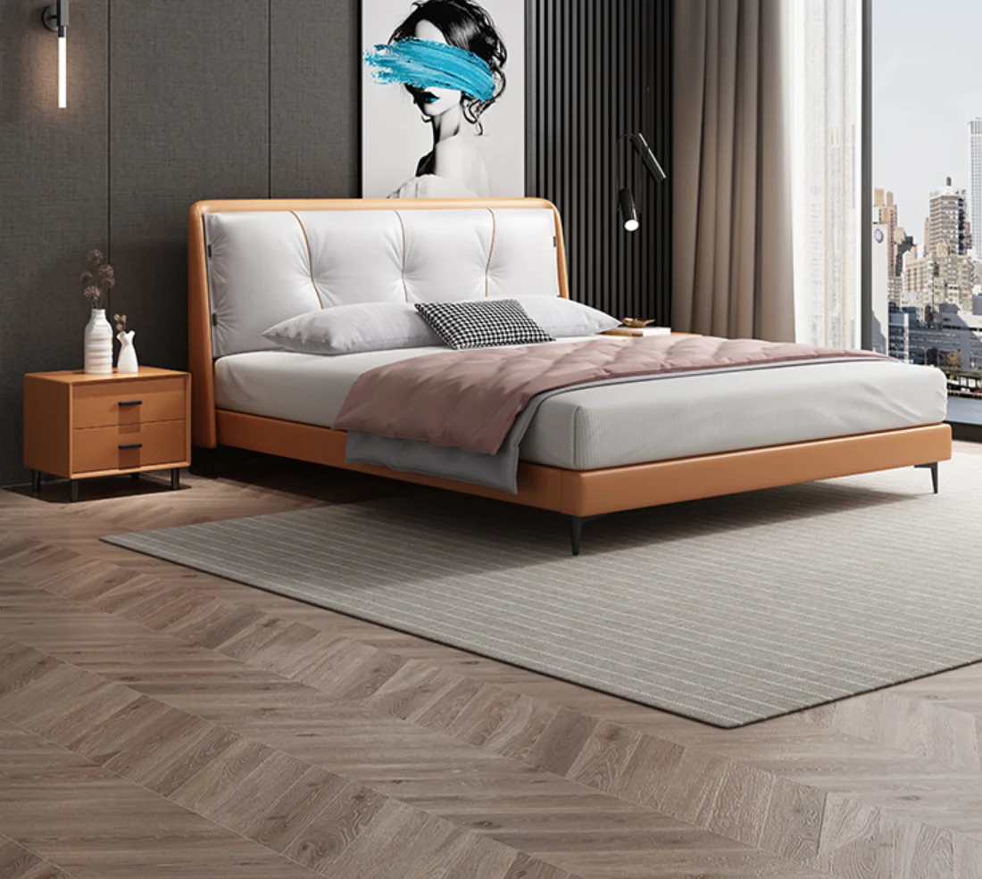150*200cm queen size Leather Solid Wood Soft Bed Wooden frame bedroom furnitures wood beds