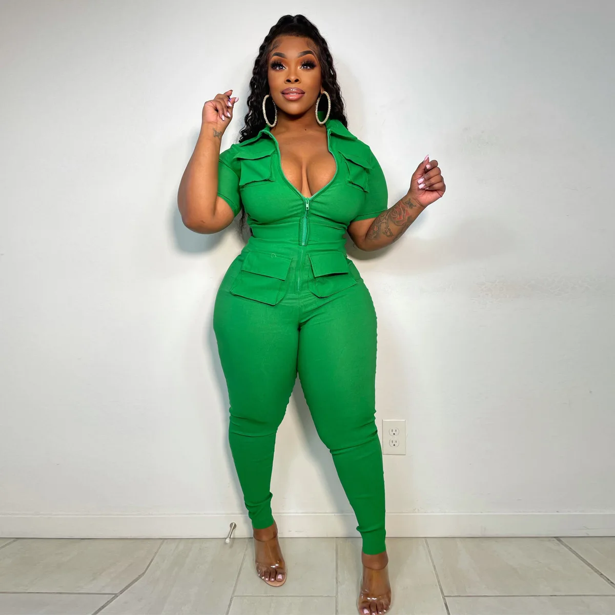 4x plus size jumpsuits with packet women playsuits with zipper Solid color short sleeve bodysuit