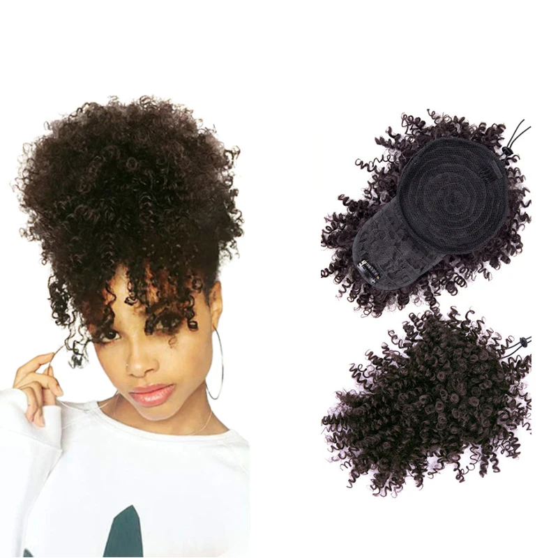 Hair Extension Kinky Curly Drawstring Ponytail Chignon With Bangs Drawstring Ponytail Short Afro Puff Hair Pieces Hair Bun