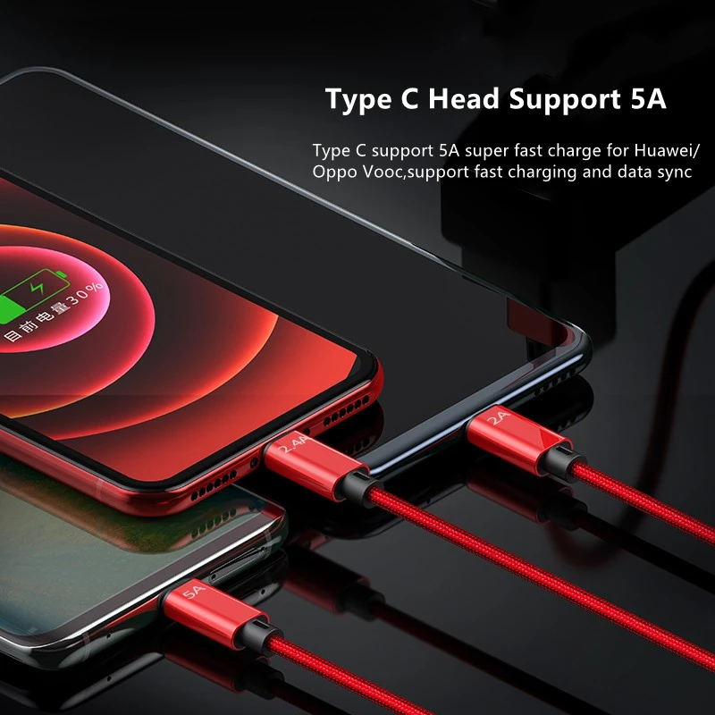 
3B2A 5A Fast Charging Usb Cable Nylon Braided Mobile Cell Smart Phone Charger Flexible Cable 3 In 1 For iPhone Type C Android 