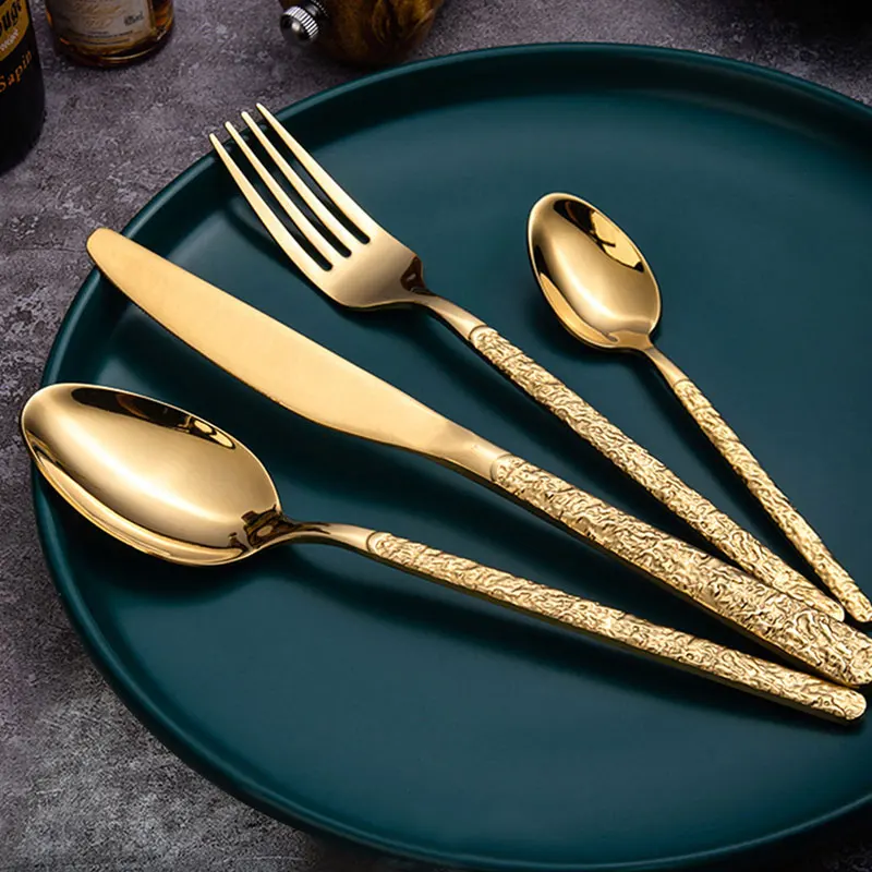 Wedding Baroque Royal Gold Knife Fork Spoon Set Golden Plated Silverware Engraved Spoon Stainless Steel Rose Gold Cutlery Set