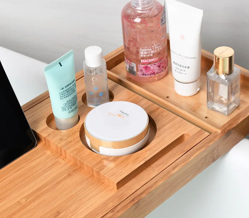 Adjustable natural bamboo bath tub tray wholesale bathroom reading mobile phone holder