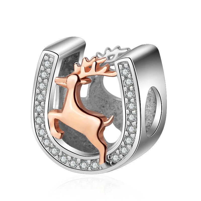  925 Sterling silver zircon pave horseshoe deer charms beads fit bracelet making for
