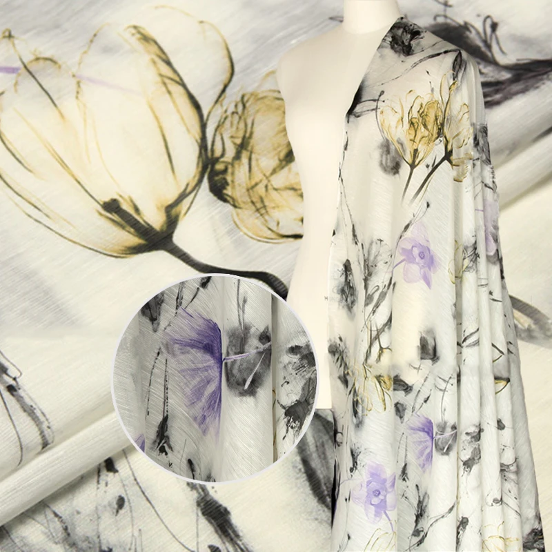 Chinese wholesale silk satin fabric interweaving silk linen fabric tulips digital printed dress silk fabric