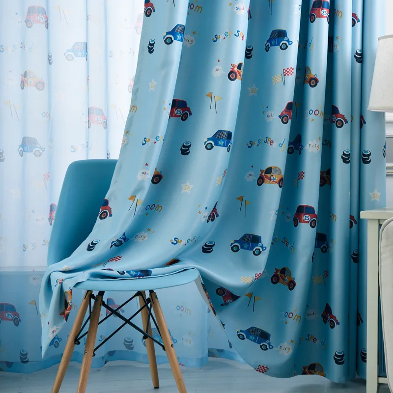 High Quality Blue car Cartoon design Kids Curtains Printed blackout Window Curtains For children bedroom