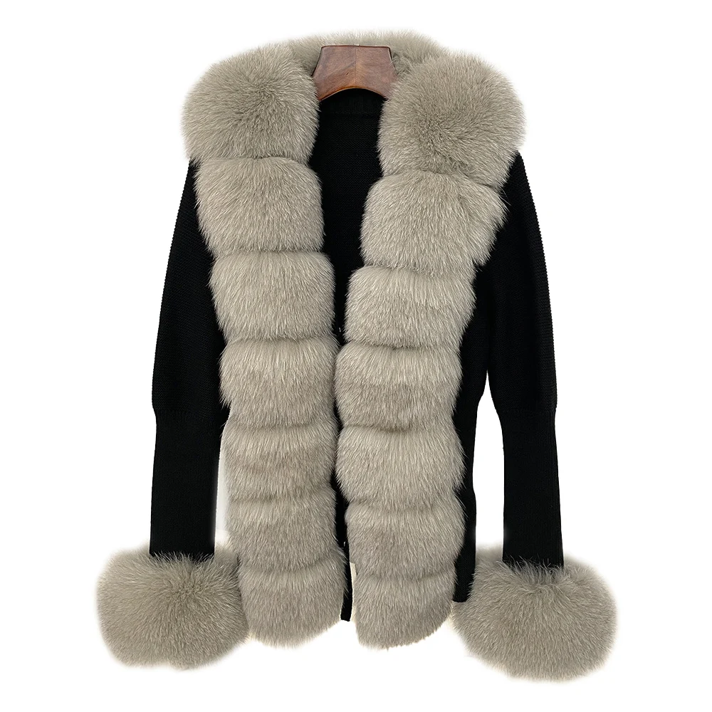 CX-G-A-291F Ladies Slim Fleece Winter Warm Wool Puff Sleeve Jacket Knitted Sweater Cardigan with Real Fox Fur Collar