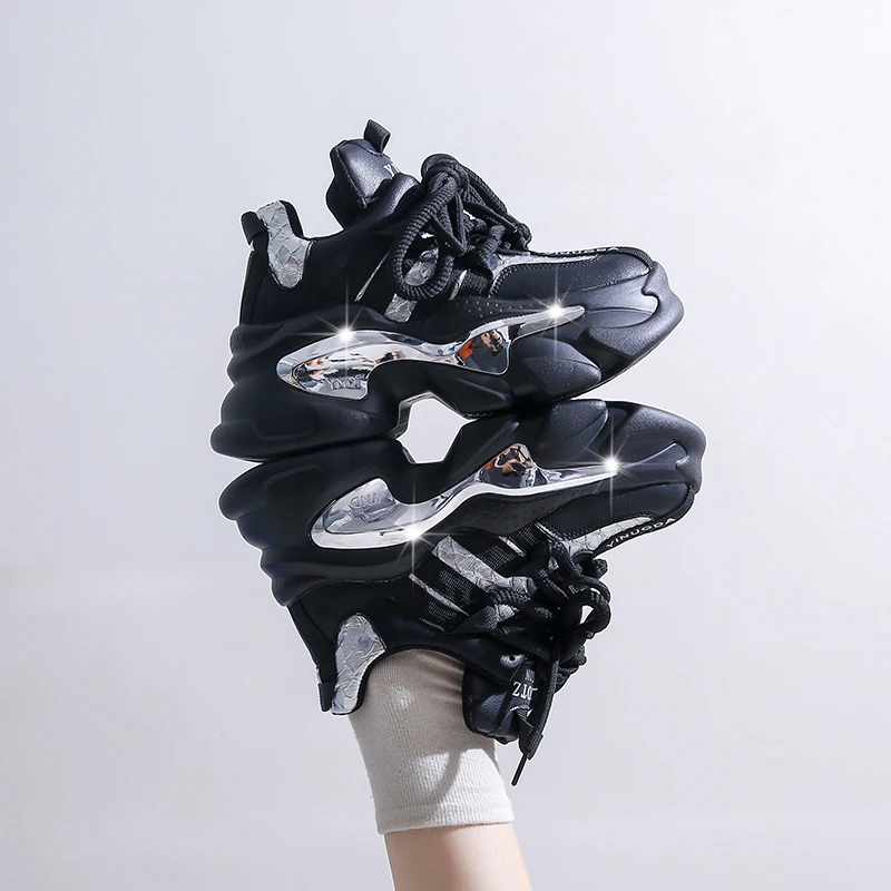 8CM Heels Autumn Chunky Sneakers for Women 2023 Platform Sports Breathable Leather Shoes Woman Lace-up Thick Bottom Dad Shoes