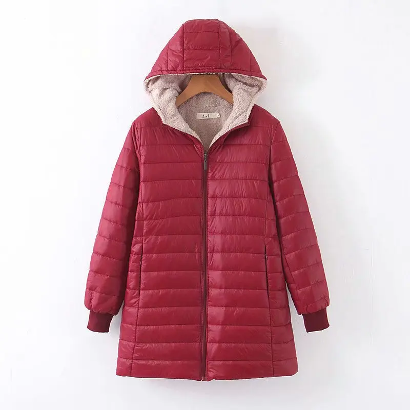 Winter Jacket Women Hooded Long sleeve Thin Fleece Jacket Female Slim fit Medium Section Cotton Coat Female